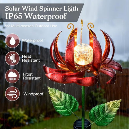 Solar Yard Lights Wind Spinners- Metal Lotus Flower Garden Decor LED Crackle Glass Globe Yard Art Sculpture Solar Stake Lights for Patio Pathway Lawn Walkway (Red-Large)