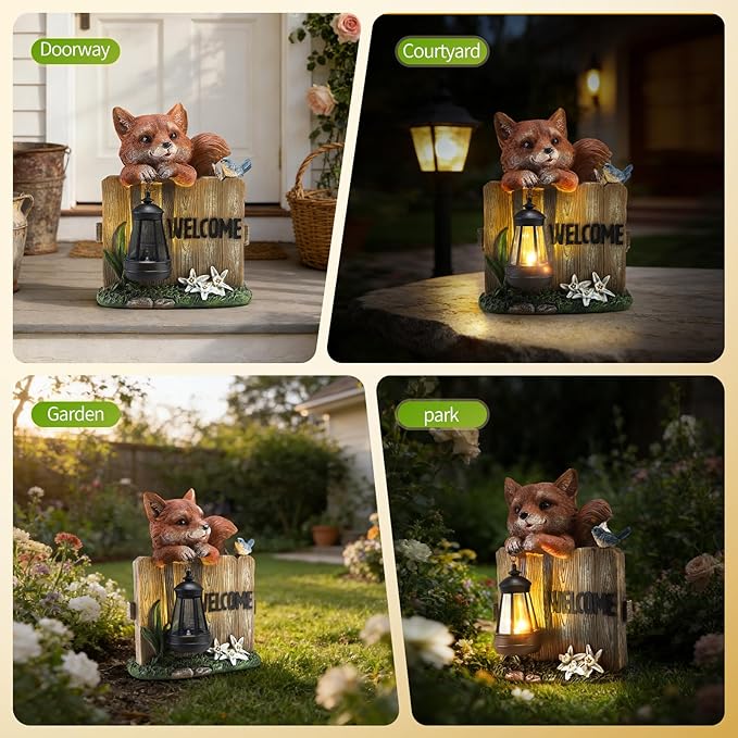 Solar Fox Garden Statue with Hanging Lantern Light, Resin Outdoor Welcome Sign Decor, Waterproof Solar Powered Garden Decoration for Yard, Lawn, Patio, 10.6"