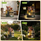 Solar Fox Garden Statue with Hanging Lantern Light, Resin Outdoor Welcome Sign Decor, Waterproof Solar Powered Garden Decoration for Yard, Lawn, Patio, 10.6"