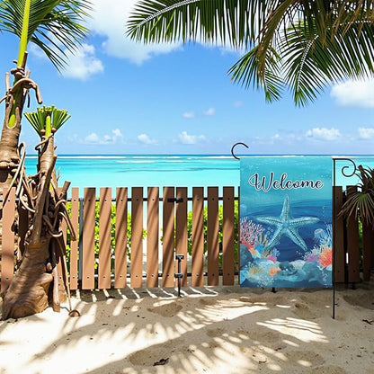 Welcome Coastal Garden Flag with Starfish Ocean Theme Summer Beach Yard Flags Nautical Sea Life Outdoor House Banner for Yard Lawn Patio Porch Pool Rusitc Seasonal Home Decor 12x18 Inch