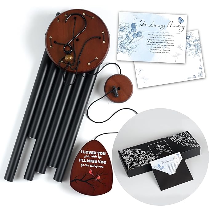 Memorial Wind Chimes for Loss of Loved One, Windchimes in Memory of a Loved One, Sympathy Gift Baskets, Bereavement Condolence Gifts, Memorial Gifts for Loss of Mom, 32" Sympathy Cardinal, Black