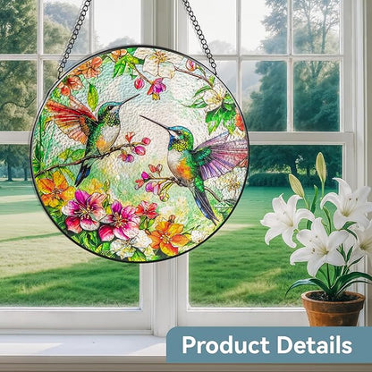 Suncatcher Stained Glass Window Hanging - Hummingbird Glass Panel with Metal Chain and Hooks Handmade Sun Catcher Decoration for Window Garden Home Christmas & Birthday Gifts (6.3 Inch)