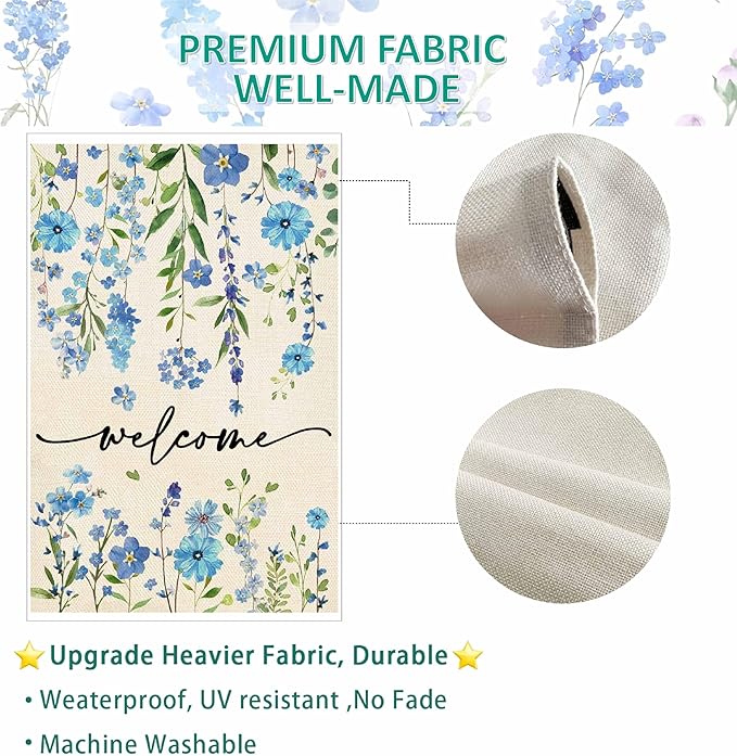 Baccessor Summer Garden Flag 12.5 x 18 Inch Funny Blue Floral Spring Small Yard Flag Burlap Double Sided Vertical Seasonal Farmhouse Wedding Yard Outdoor Decoration