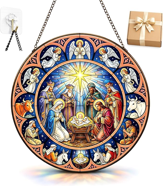 Nativity Suncatcher Window Hanging, 7.8" Stained Glass Faith Gift for Mom, Grandma and Friends, Religious Window Decor for Prayer Room, Sunroom, Office and Bible Study Corner