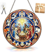 Nativity Suncatcher Window Hanging, 7.8" Stained Glass Faith Gift for Mom, Grandma and Friends, Religious Window Decor for Prayer Room, Sunroom, Office and Bible Study Corner