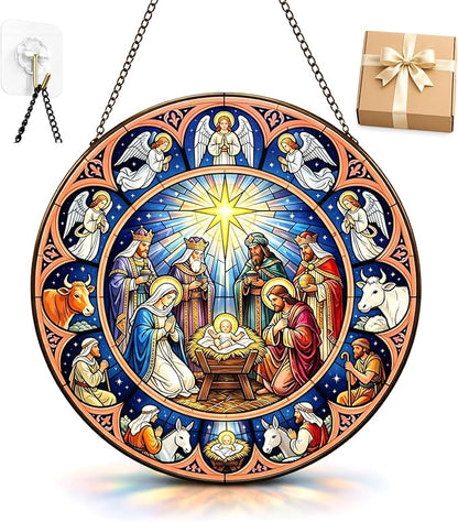 Nativity Suncatcher Window Hanging, 7.8" Stained Glass Faith Gift for Mom, Grandma and Friends, Religious Window Decor for Prayer Room, Sunroom, Office and Bible Study Corner
