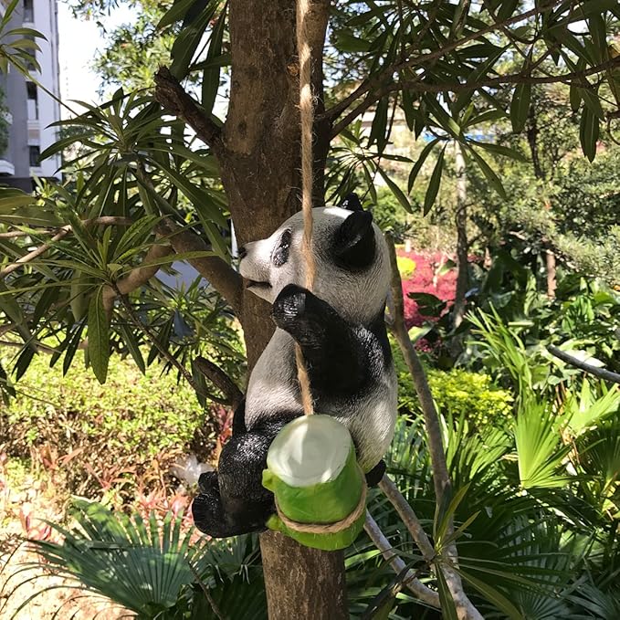 Cute Black and White Panda Swing on Bamboo Creative Statue for Garden Decoration