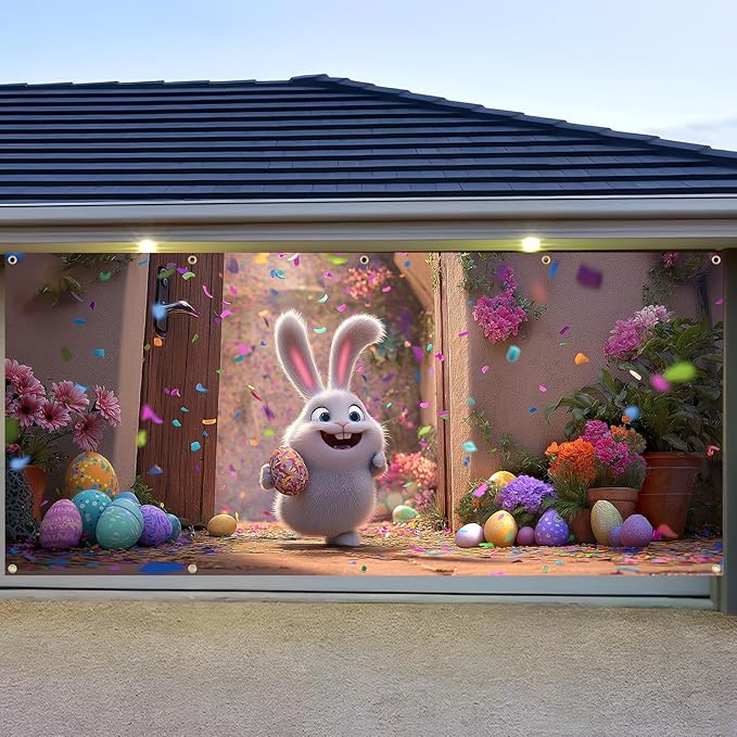Easter Garage Door Banner Cover, Easter Bunny Colorful Eggs Spring Party Backdrop Decor, Garage Door Cover For Outdoor Yard Holiday Decoration (Cute Bunny)