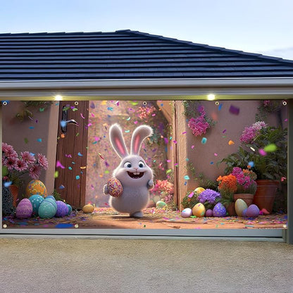 Easter Garage Door Banner Cover, Easter Bunny Colorful Eggs Spring Party Backdrop Decor, Garage Door Cover For Outdoor Yard Holiday Decoration (Cute Bunny)