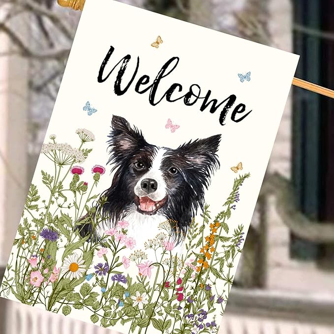 Floral Border Collie Garden Flag Spring Summer House Flags 28 x 40 Double Sided Flower Dog Yard Flags for Outside Large Outdoor Welcome Flags