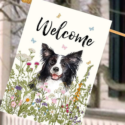 Floral Border Collie Garden Flag Spring Summer House Flags 28 x 40 Double Sided Flower Dog Yard Flags for Outside Large Outdoor Welcome Flags