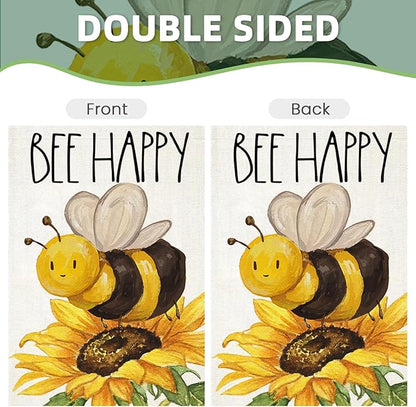 BEE HAPPY House Flags for Outdoor Decoration, Summer Watercolor Bee with Sunflower Large Yard Flag, Seasonal Decorative Celebration Decor for Spring Farmhouse Holiday Outside 28x40 Inch Vertical Double Sided