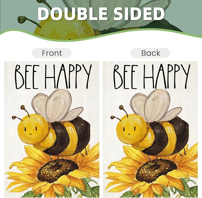 BEE HAPPY Garden Flags for Outside, Summer Watercolor Bee with Sunflower Yard Decoration, Small Seasonal Outdoor Decor for Farmhouse Holiday,12x18 Inch Double Sided
