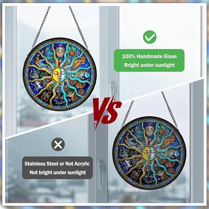 Sun and Moon Stained Glass Window Hanging, Suncatcher for Window Hanging, Sun Catchers Indoor Windows Wall Art for Mom Grandma, Gothic Moon Witchy Suncatcher for Home Garden Office 7.87 inches