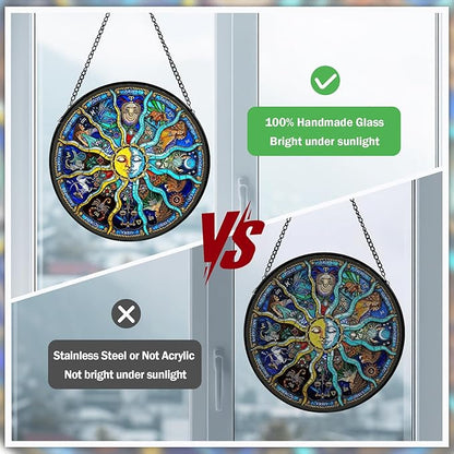 Sun and Moon Stained Glass Window Hanging, Suncatcher for Window Hanging, Sun Catchers Indoor Windows Wall Art for Mom Grandma, Gothic Moon Witchy Suncatcher for Home Garden Office 7.87 inches