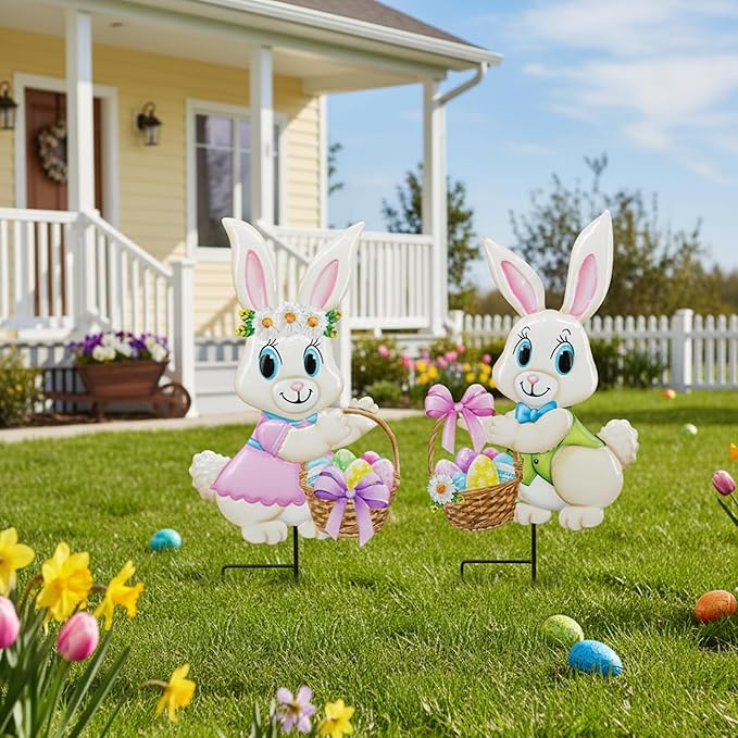 2PCS Spring Rabbit Metal Yard Decorations Stakes, Grandmas Garden Easter Holiday Yard Decoration Outdoor Stakes, Memorial Personalized Unique Garden Gifts Women for Grandma Statue