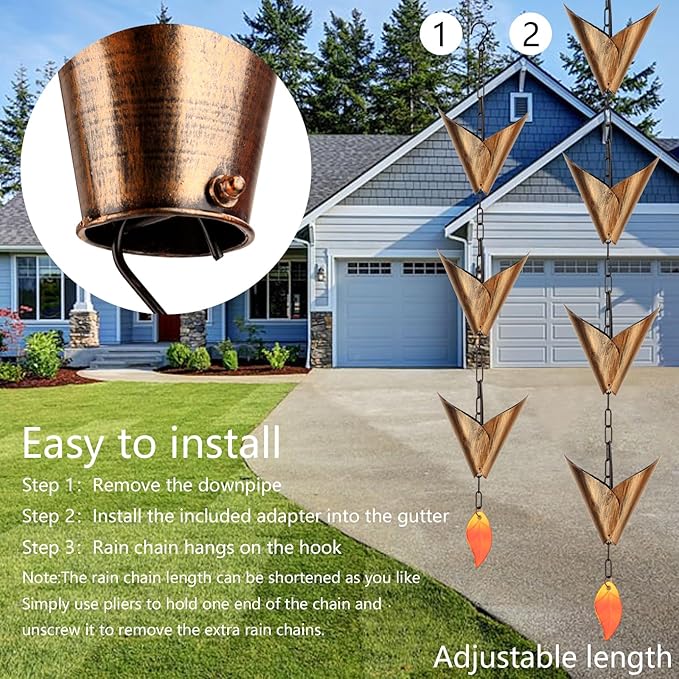 8.6 FTRain Chain Set with Adapter, Anti-Rust Rain Chain for Out Side with Glass Leaf Decoration,12 Cups Rain Chain for Gutter,Garden Decoration for Family,Friends(Brown)