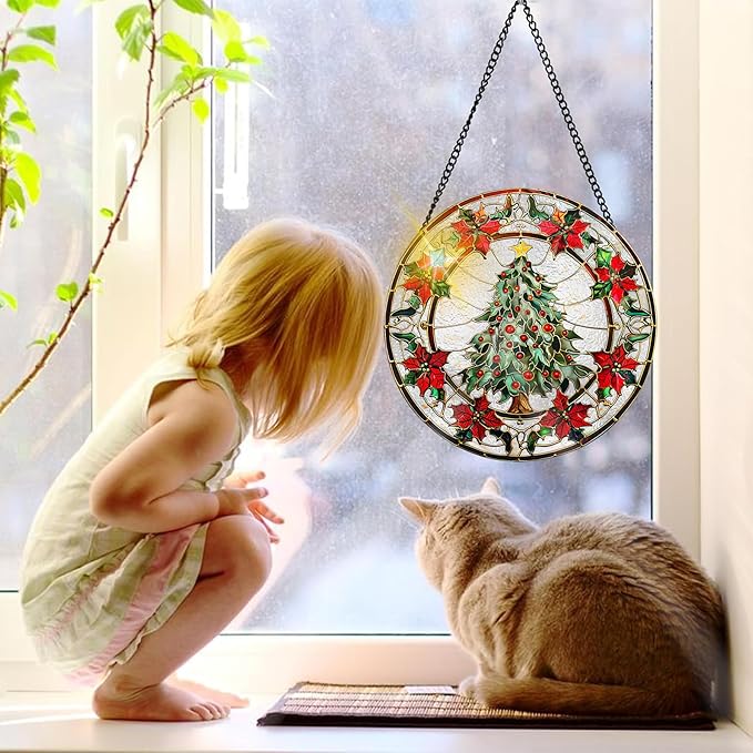 Bimkole Christmas Tree Stained Glass Suncatcher Window Hanging - Leaves Indoor Window or Doorway Decoration - Handmade Sun Catcher Decor for Garden Home Christmas & Birthday Gifts 7.87x7.87 inch
