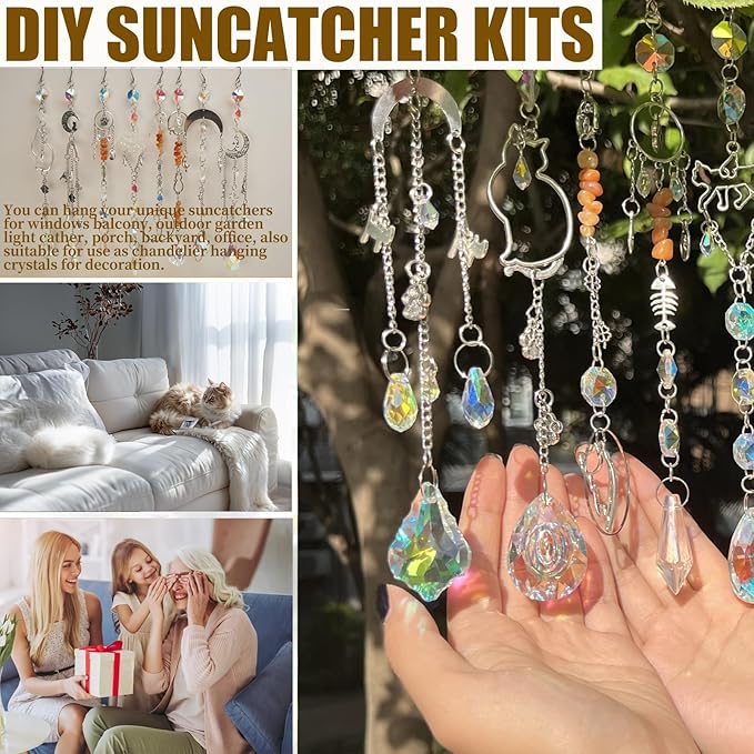 DIY Suncatchers, 450 pcs Sun Catchers Making Supplies Kit Art and Crafts for Adults Prism Hanging Decorative Suncatcher with Crystals Rainbow Maker for Indoor Windows Office Home Decor (Cat)