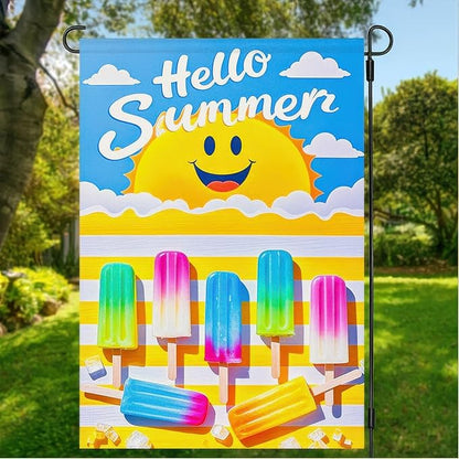 BlissYard Summer Garden Flags 12x18 Double Sided Outdoor Flag Summer Garden Flags For Outside Hello Summers with Smiling Sun and Colorful Popsicles, Ideal for Outdoor Yard and Patio Decor
