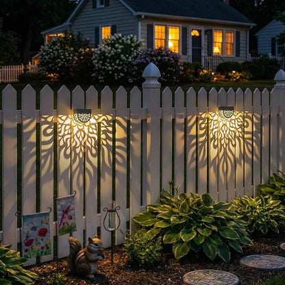 4 Pack Solar Fence Lights Outdoor Wall Lights Plastic Solar Powered Deck Step Stair Lights Mandala Theme Waterproof Fence Solar Light for Garden Post Patio Yard Decor, Gardening Gifts for Women Mom