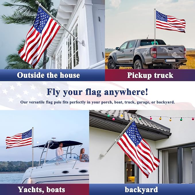 PHITRIC Flag Pole Kit, Tangle Free Spinning Stainless Steel Rustproof Flagpole for 3x5 Sports Fan Outdoor Flags for Outside House (Silver, 6FT, with Bracket)