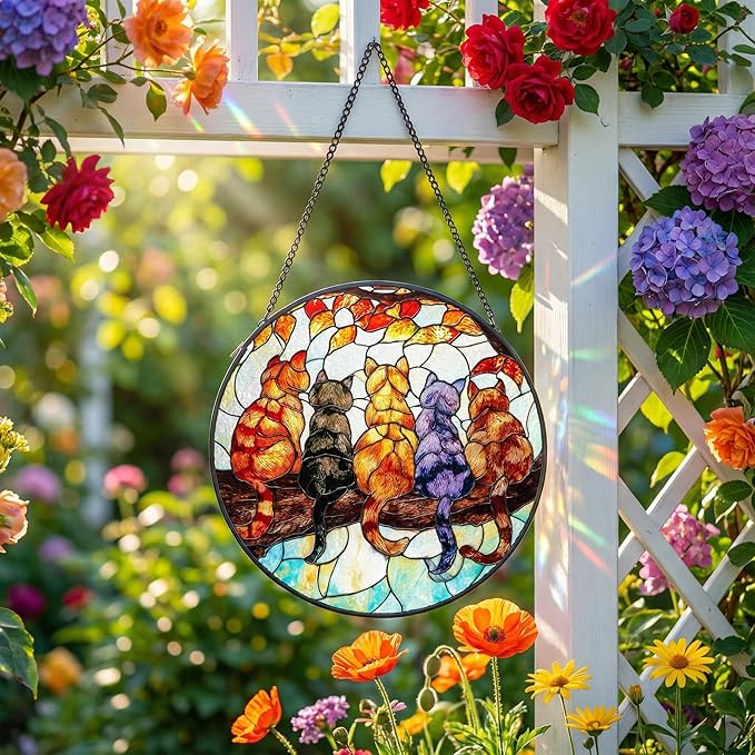 5 Cats on a Branch Stained Glass Window Hanging – Cute Sun Catchers Indoor Window Décor, Suncatchers for Windows Hanging with Warm Light Effect, Lovely Stained Glass Suncatcher for Home & Gift