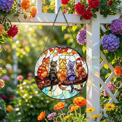 5 Cats on a Branch Stained Glass Window Hanging – Cute Sun Catchers Indoor Window Décor, Suncatchers for Windows Hanging with Warm Light Effect, Lovely Stained Glass Suncatcher for Home & Gift