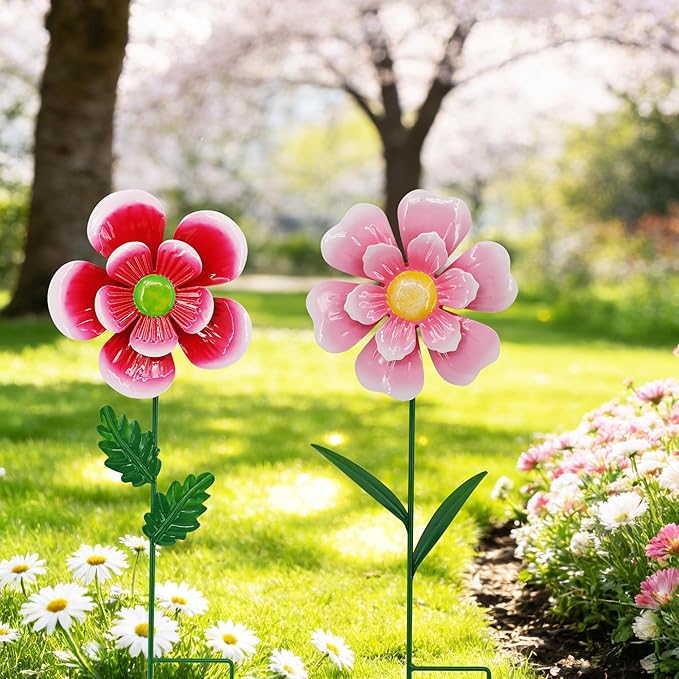 Garden Wind Spinner 2 Pack, Outdoor Metal Flower Stake Decor, Waterproof Kinetic Sculptures for Backyard Flower Bed, Spring Gardening Gifts for Mom (Red/Pink)