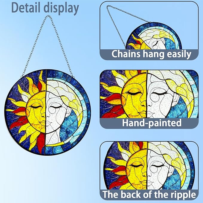 Sun Catchers Indoor Window Sun and Moon Stained Glass - Handmade Stained Glass Suncatchers Hanging with Hook and Chain - Outdoor Garden Decor Housewarming Gift for Christmas and Thanksgiving