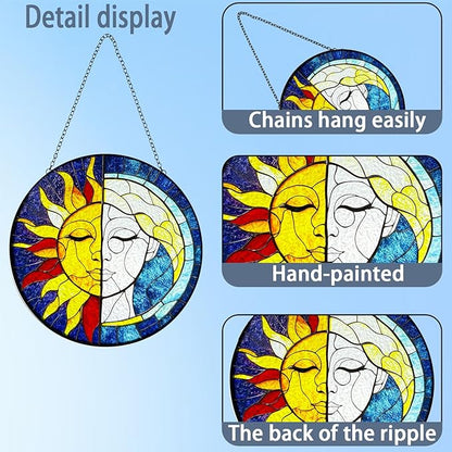 Sun Catchers Indoor Window Sun and Moon Stained Glass - Handmade Stained Glass Suncatchers Hanging with Hook and Chain - Outdoor Garden Decor Housewarming Gift for Christmas and Thanksgiving