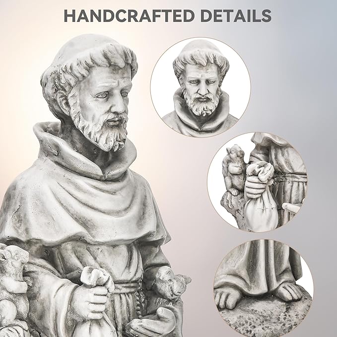 St Francis Garden Statue, 31" Saint Francis Catholic Outdoor Statues, Large Religious Christian Sculpture Deor for Prayer and Meditation, Patron Saint of Animals Patio in Durable MGO Stone