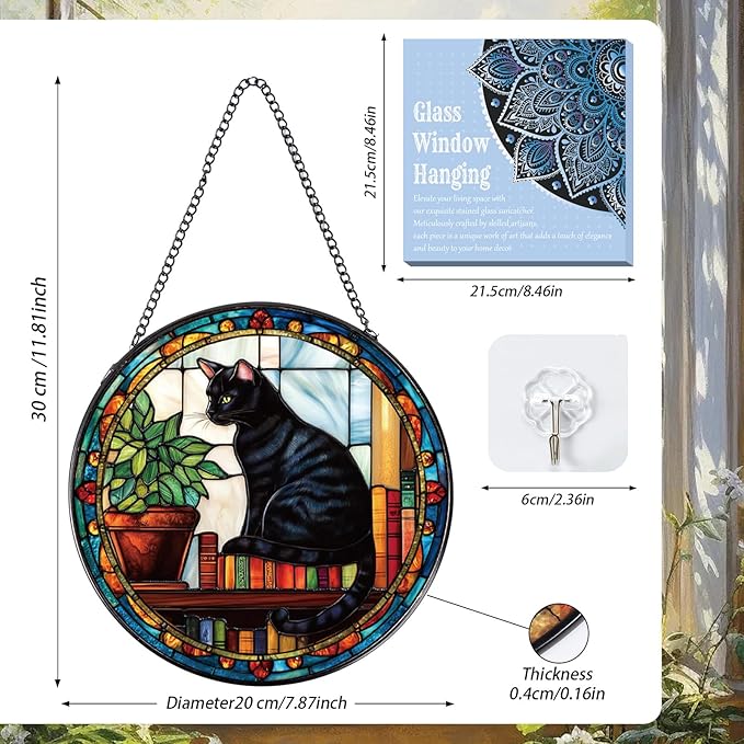 Rngmsi Black Cat Stained Glass Window Hanging Gifts for Women, 7.8″ Book Suncatchers for Indoor Window Decor, Decorative Sun Catchers Home Wall Art Gift for Thanksgiving Christmas Housewarming