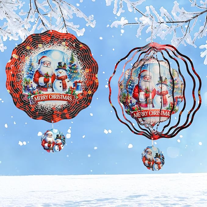 Christmas Wind Spinners Outdoor - Xmas Gifts for Women Mom Men, 3D Cute Snowman Santa Winter Wind Spinner for Yard Garden Decor, Hanging Kinetic Metal Wind Spinners 12 Inch