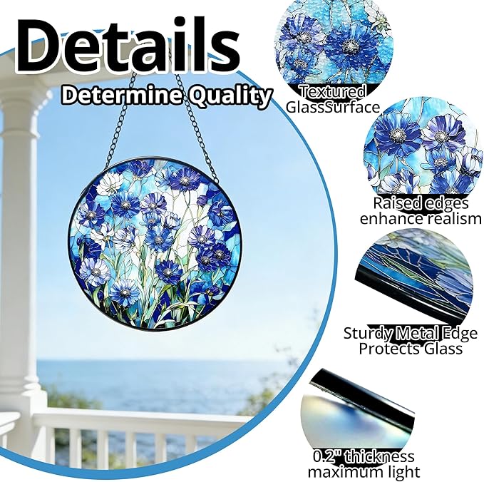 Stained Glass Blue Daisy Flower Suncatcher 7.8 Inch Rainbow Maker Window Hanging for Garden Outdoor Home Decor, Mom Friends Gift for Housewarming Birthday Christmas