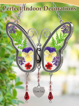 Butterfly Gifts Suncatcher Stain Glass Sun Catchers Pressed Flower Wings Embedded in Glass with Metal Trim I Love You Heart Charm Wind Chime