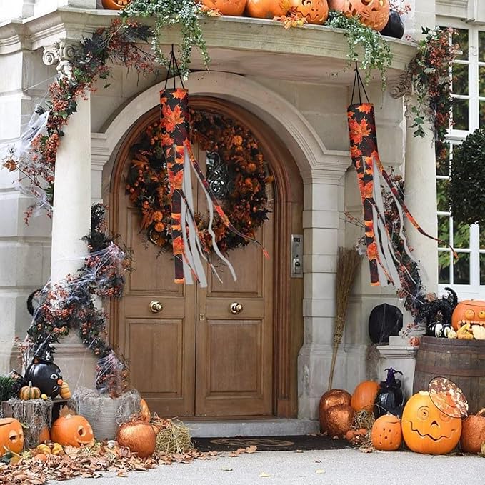 Thanksgiving Day Maple Leaf Windsock 2 Pieces Front Yard Patio Lawn Garden Party Decor Halloween Spooky Horror Decoration Machine Washable