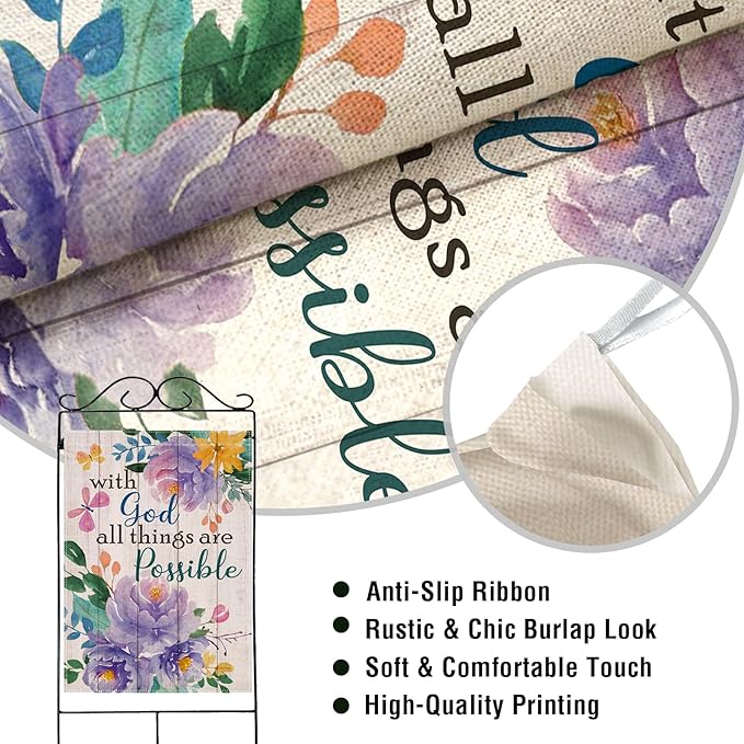 Artofy with God All Things are Possible Christian Large Decorative House Flag, Spring Summer Religious Purple Peony Flower Yard Garden Outside Decor, Inspirational Farm Outdoor Home Decoration 28 x 40