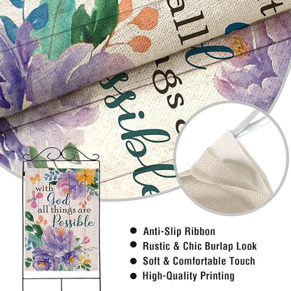 Artofy with God All Things are Possible Christian Large Decorative House Flag, Spring Summer Religious Purple Peony Flower Yard Garden Outside Decor, Inspirational Farm Outdoor Home Decoration 28 x 40