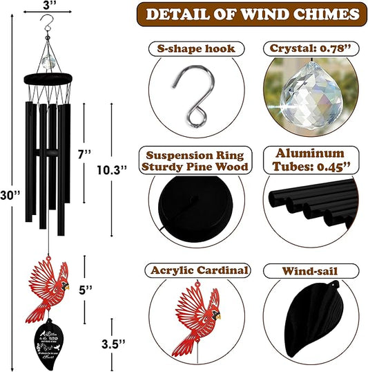 Personalized Crystal Memorial Wind Chimes Loss of Mom Dad Nana Papa Sympathy Ornament Cardinal Bird Keepsake Weatherproof Remembrance Gift in Memory Loved Ones for Window Outdoor Garden Decor