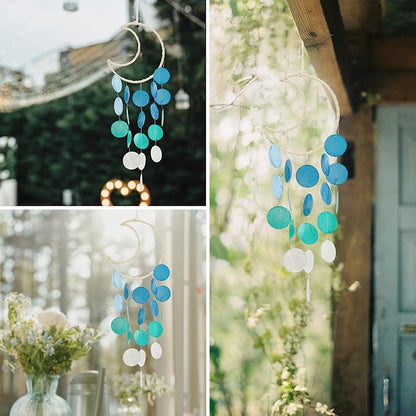 2 Pack Capiz Wind Chimes for Outside, Outdoor Seashell Hanging Beach Coast Ocean Home Decorative, Unique Natural Shell Waterfall Windchimes for Summer Patio, Great Memorial Gift（Gradient Blue