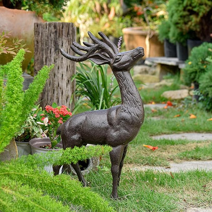 Sungmor 22" Tall Cast Iron Deer Statue - Indoor Outdoor Metal Deer Sculpture, Large & Heavy-Duty Wild Animal Landscaping Figurine, Rustic Garden Decor for Patio, Yard, Home (Dark Brown)