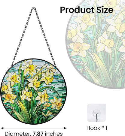 AELS Stained Glass 7.87" Round Suncatcher, Colorful Sun Catcher for Home Garden Window Decor, Window Hanging Ornament Gift for Friends and Family, Yellow Blossom