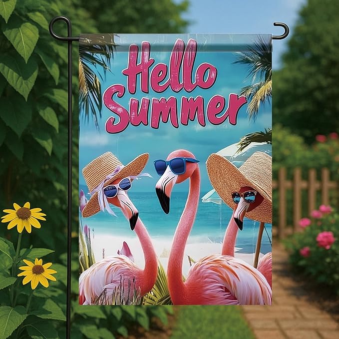 Summer Garden Flag 12x18 Inch Flamingo Hello Summer Tropical Beach Ocean Palm Tree Design Outdoor Yard Porch Lawn Patio Poolside for Seasonal Coastal Farmhouse Home Decor