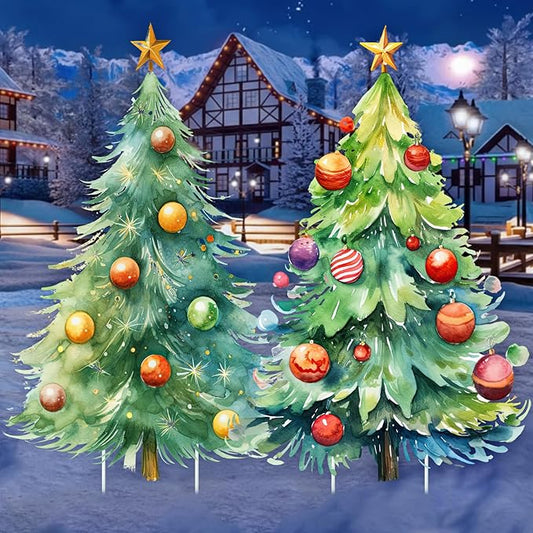 Geelin 2 Pcs Large Christmas Tree Sign Yard with Stake 2.62 ft Vintage Patio Lawn Decoration Outdoor Christmas Party Favor Ornament Garden Sign for Party Supplies(Watercolor Trees)