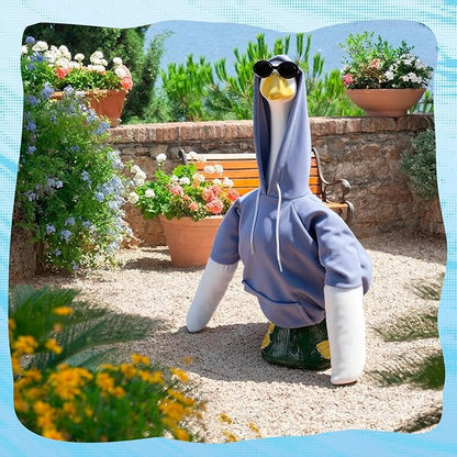 Blue Hoodie Goose Outfit Hooded Sweatshirt Porch Goose Clothes Dress with Wide Hat Sunglass Blue Sweatshirt Geese Costume for 17-23 Inch Geese Statue Luau Outdoor Patio Lawn Yard Garden Decor