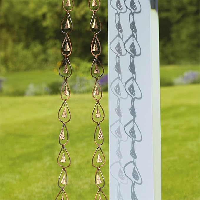 BestNest Ancient Graffiti Aspen Leaf & Bell Rain Chains, Pack of 2 – Decorative Steel Gutter Downspout Replacement with Copper Finish, Leaf Frames & Soothing Bell Chimes