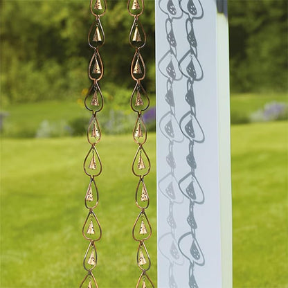 BestNest Ancient Graffiti Aspen Leaf & Bell Rain Chains, Pack of 2 – Decorative Steel Gutter Downspout Replacement with Copper Finish, Leaf Frames & Soothing Bell Chimes