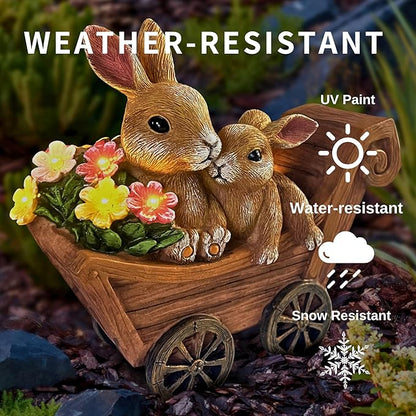 PRETMANNS Solar Garden Outdoor Statue Bunny Decor with Lights - Rabbit Lawn Ornament for Outside Yard Patio - Animal Figurines Gift for Mom Grandma - Waterproof Resin Garden Statues Outdoor – Large