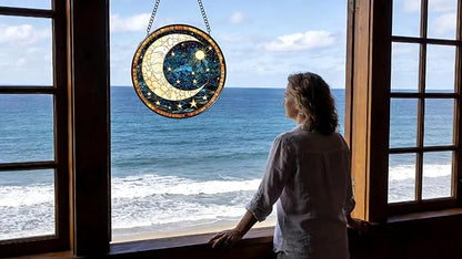 Funoasis Stained Glass Window Hanging 6.3 Inches Suncatcher - Deep Blue Sky A Crescent Moon and Many Stars Ornaments Sun Catcher Home Decor Women Birthday
